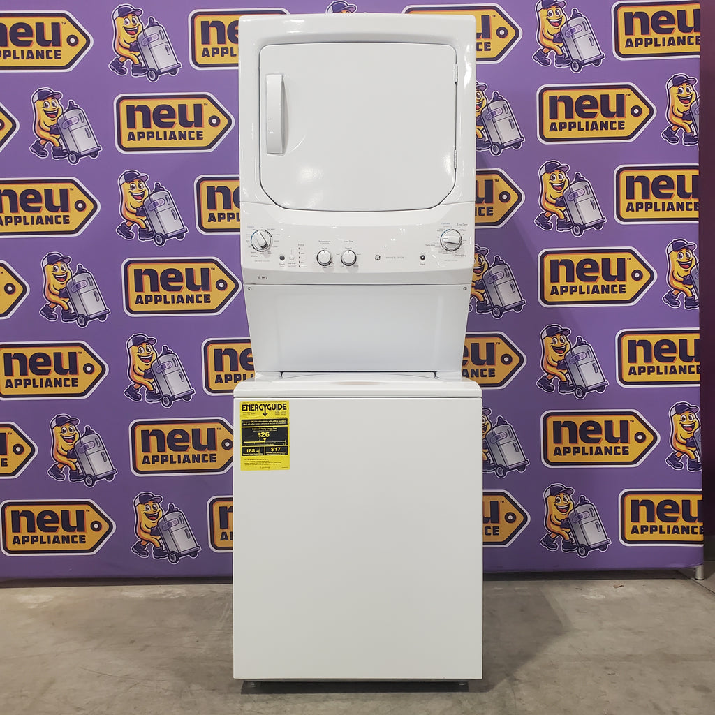 GE Unitized Spacemaker® 3.8 cu. ft. Capacity Washer with Stainless Steel Basket and 5.9 cu. ft. Capacity Electric Dryer 9SD054 - GUD27ESSMWW - Scratch & Dent (Minor)