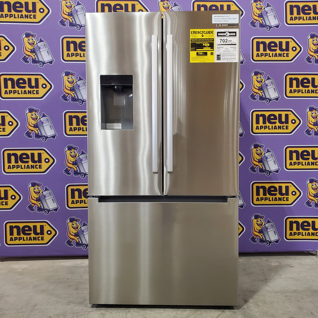 Bosch Fastest Ice Maker Standard-Depth 300 Series 26-cu ft 3 -Door Smart Compatible French Door Refrigerator with Ice Maker with Water and Ice Dispenser in Stainless Steel 3SD897 - B36FD31ENS - Open Box