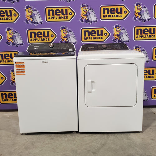 Whirlpool 5.2–5.3 Cu. Ft. Top Load Washer in White with Removable Agitator WTW6157PW - Open Box and Whirlpool Top Load Electric Moisture Sensing 7.0 Cu. Ft. Dryer with Steam 16073 - WED5050LW - Open Box