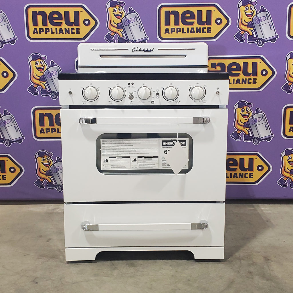 Unique Classic Retro 30-in Glass Top 5 Burners 3.9-cu ft Convection Oven Freestanding Electric Range with WipeClean Coating 3SD872 - UGP-30CR EC W - Open Box