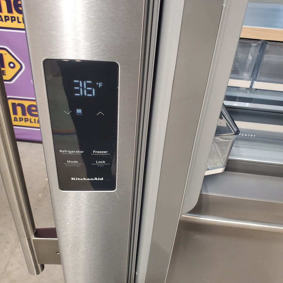 KitchenAid 36 in. 30 cu. ft. Standard Depth French Door Refrigerator in PrintShield Stainless with Exterior Water and Ice KRFF436SPS - Scratch & Dent (Minor)