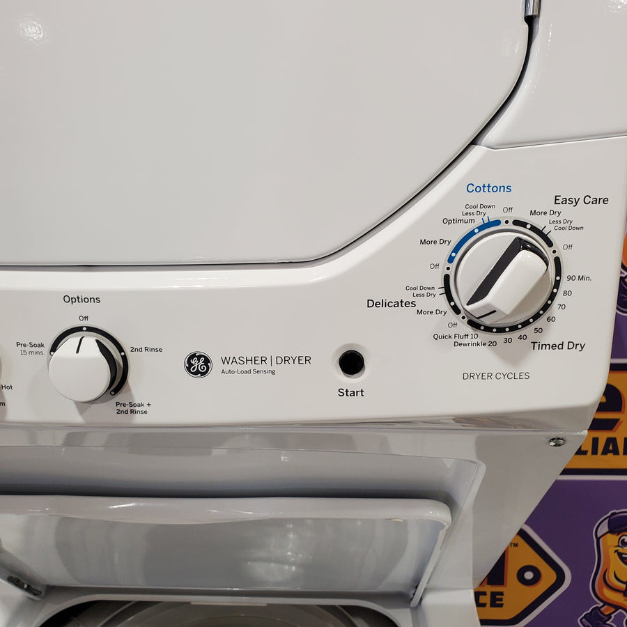 GE 24 in. Spacemaker 2.3 cu. ft. Washer and 4.4 cu. ft. Gas Laundry Center with Stainless Steel Wash Basket GUD24GSSMWW - Scratch & Dent (Minor)