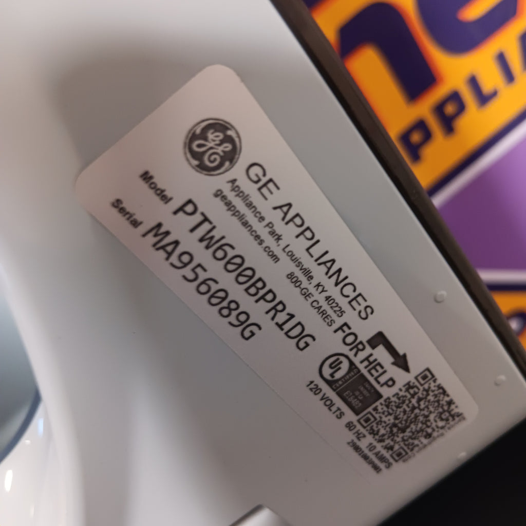 GE PTW600BPRDG GE Appliances label with model and serial number on a white appliance.