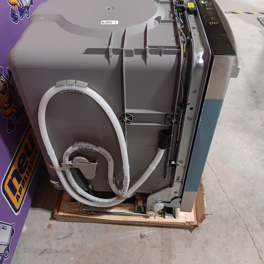 GE GDT565HSYSS Gray industrial machine with a white hose on a purple surface with a logo.