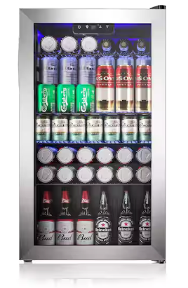 SIMZLIFE 17.3 in. Single Zone-130 Can Freestanding Beverage and Wine Cooler in Silver, LED Light, UV Protection BR008-110SI-EH - Open Box