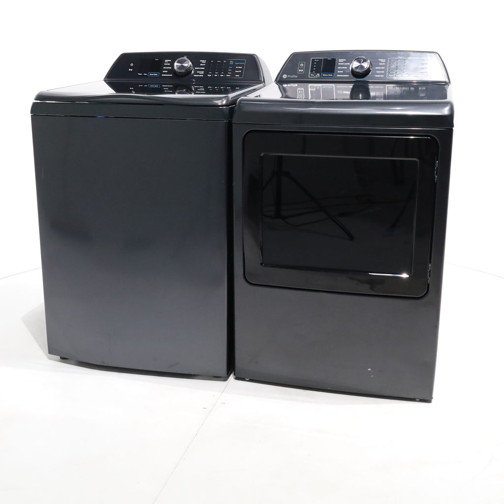 Pictures of Diamond Gray GE Profile 5.4 cu. ft. Top Load Washing Machine with FlexDispense and 7.4 cu. ft. Gas Dryer with Steam - Scratch & Dent - Moderate - Neu Appliance Outlet - Discount Appliance Outlet in Austin, Tx
