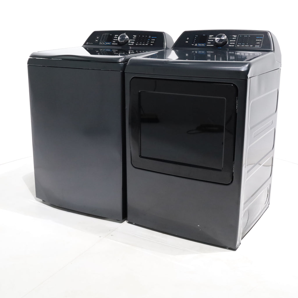 Pictures of Diamond Gray GE Profile 5.4 cu. ft. Top Load Washing Machine with FlexDispense and 7.4 cu. ft. Gas Dryer with Steam - Scratch & Dent - Moderate - Neu Appliance Outlet - Discount Appliance Outlet in Austin, Tx