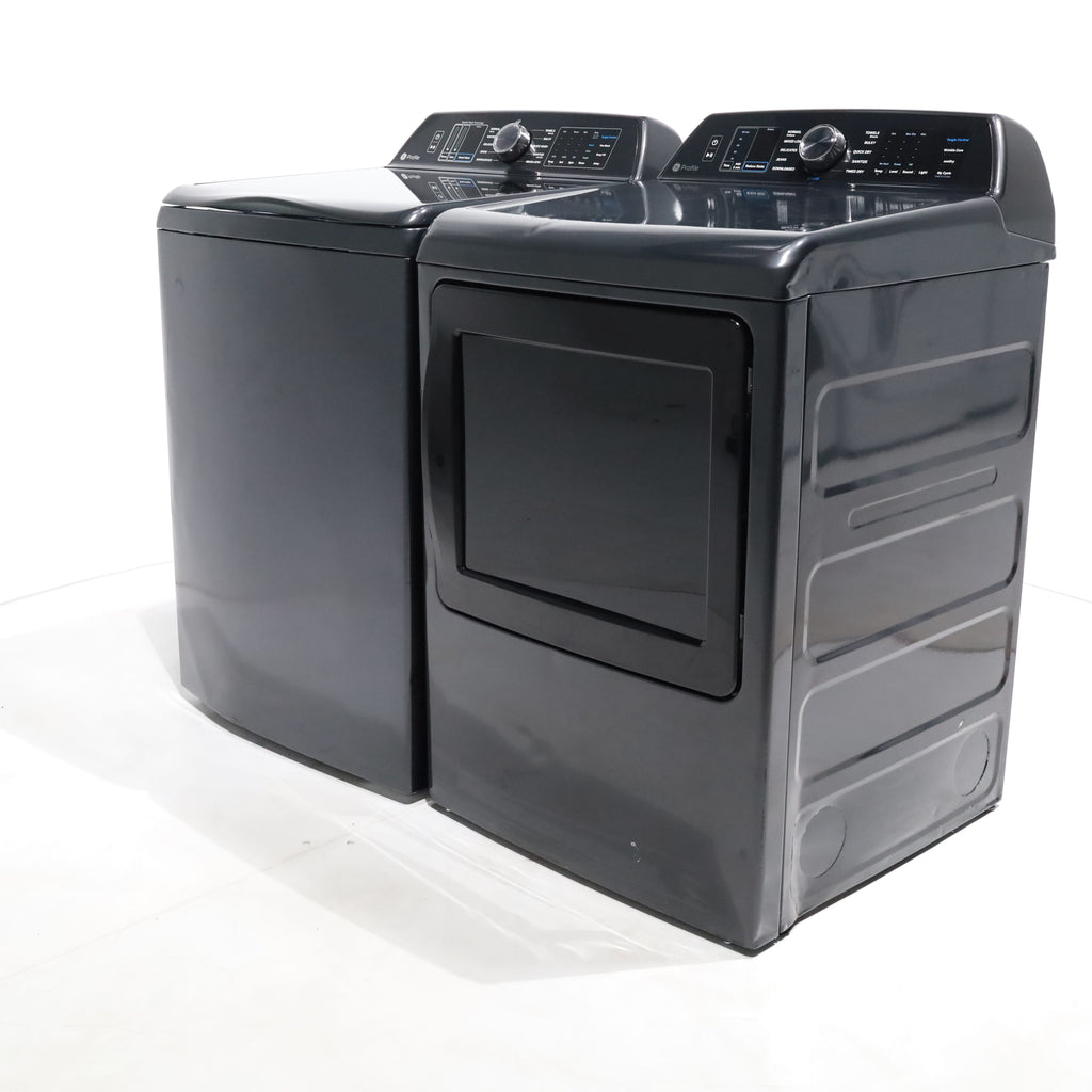 Pictures of Diamond Gray GE Profile 5.4 cu. ft. Top Load Washing Machine with FlexDispense and 7.4 cu. ft. Gas Dryer with Steam - Scratch & Dent - Moderate - Neu Appliance Outlet - Discount Appliance Outlet in Austin, Tx