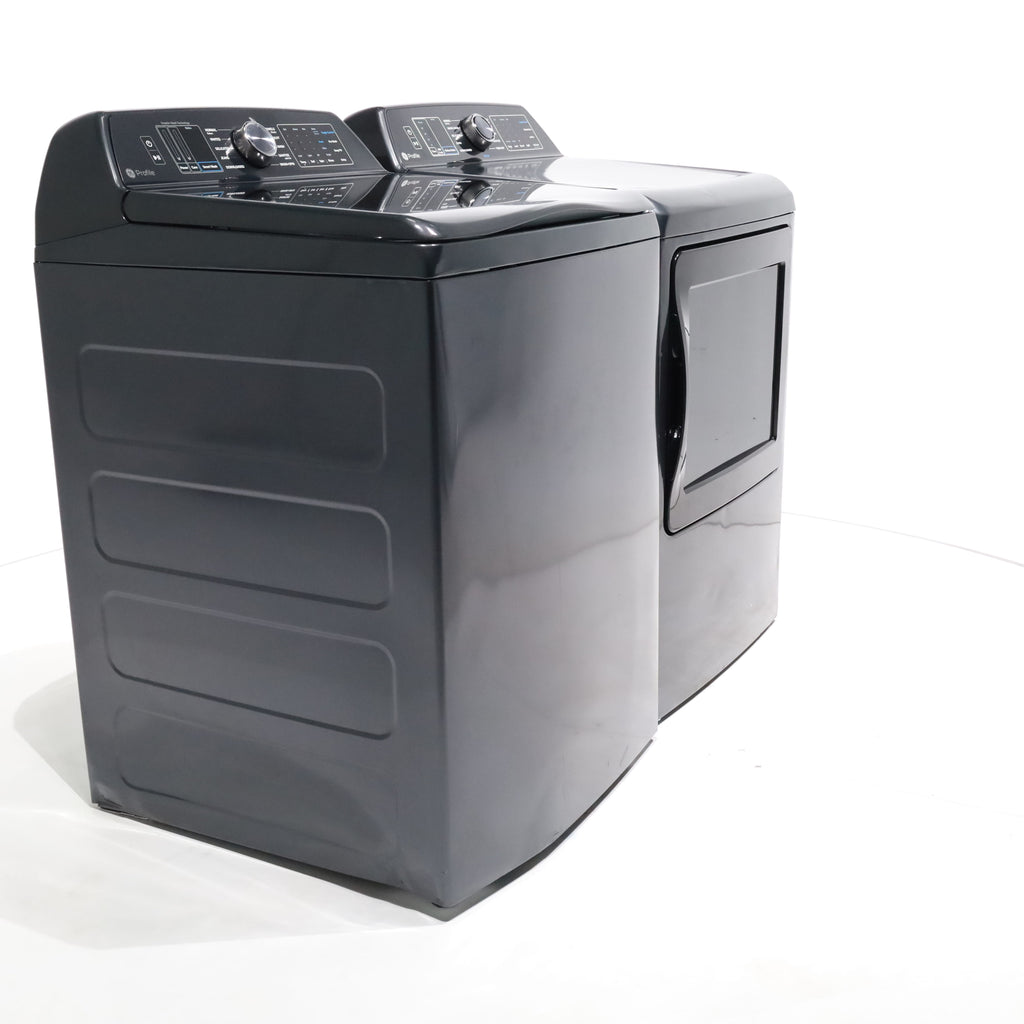 Pictures of Diamond Gray GE Profile 5.4 cu. ft. Top Load Washing Machine with FlexDispense and 7.4 cu. ft. Gas Dryer with Steam - Scratch & Dent - Moderate - Neu Appliance Outlet - Discount Appliance Outlet in Austin, Tx
