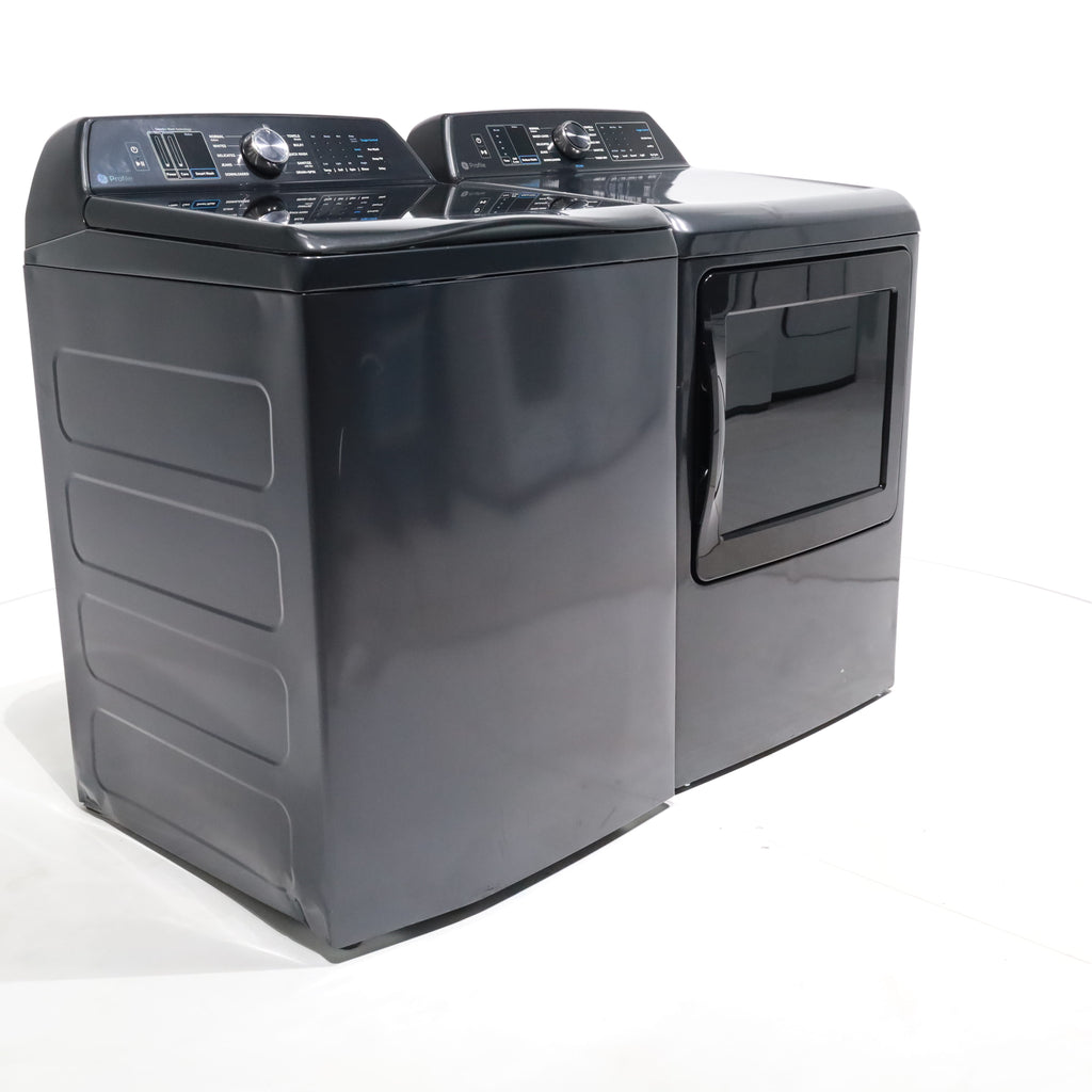 Pictures of Diamond Gray GE Profile 5.4 cu. ft. Top Load Washing Machine with FlexDispense and 7.4 cu. ft. Gas Dryer with Steam - Scratch & Dent - Moderate - Neu Appliance Outlet - Discount Appliance Outlet in Austin, Tx