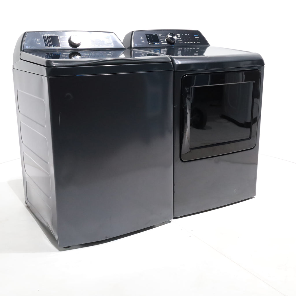Pictures of Diamond Gray GE Profile 5.4 cu. ft. Top Load Washing Machine with FlexDispense and 7.4 cu. ft. Gas Dryer with Steam - Scratch & Dent - Moderate - Neu Appliance Outlet - Discount Appliance Outlet in Austin, Tx