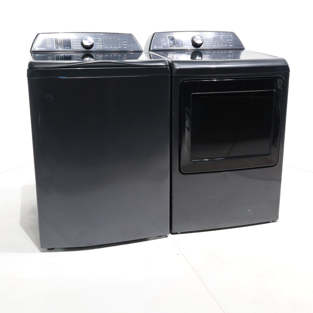 Pictures of Diamond Gray GE Profile 5.4 cu. ft. Top Load Washing Machine with FlexDispense and 7.4 cu. ft. Gas Dryer with Steam - Scratch & Dent - Moderate - Neu Appliance Outlet - Discount Appliance Outlet in Austin, Tx