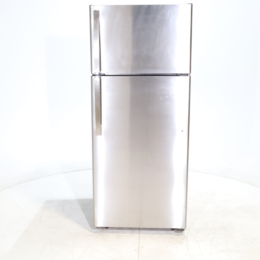 Pictures of 28" Wide Stainless Steel ENERGY STAR GE 17.5 cu. ft. Top Freezer Refrigerator with Reversible Door - Scratch & Dent - Minor - Neu Appliance Outlet - Discount Appliance Outlet in Austin, Tx