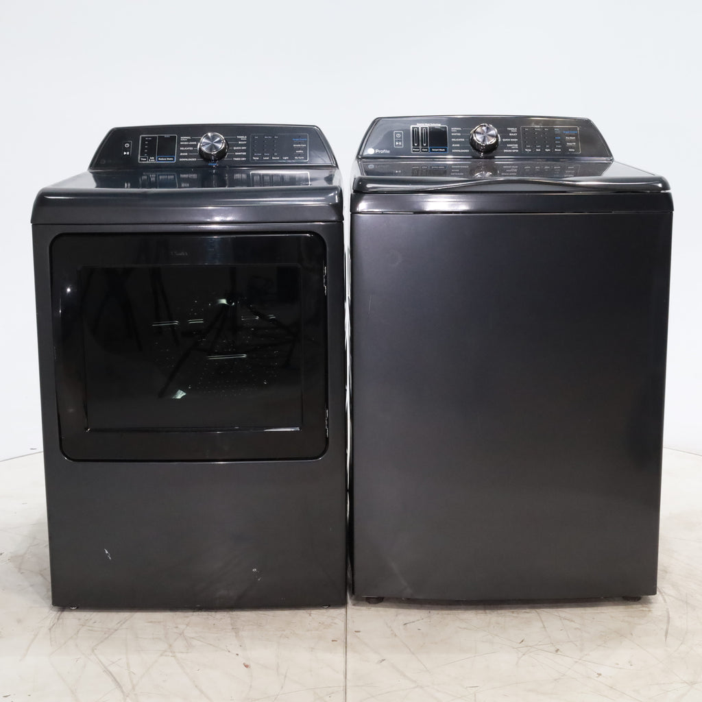 Pictures of Diamond Gray ENERGY STAR GE Profile 5.4 cu. ft. Top Load Washing Machine with FlexDispense and Diamond Gray ENERGY STAR GE Profile 7.4 cu. ft. Gas Dryer with Steam - Scratch & Dent - Moderate - Neu Appliance Outlet - Discount Appliance Outlet in Austin, Tx