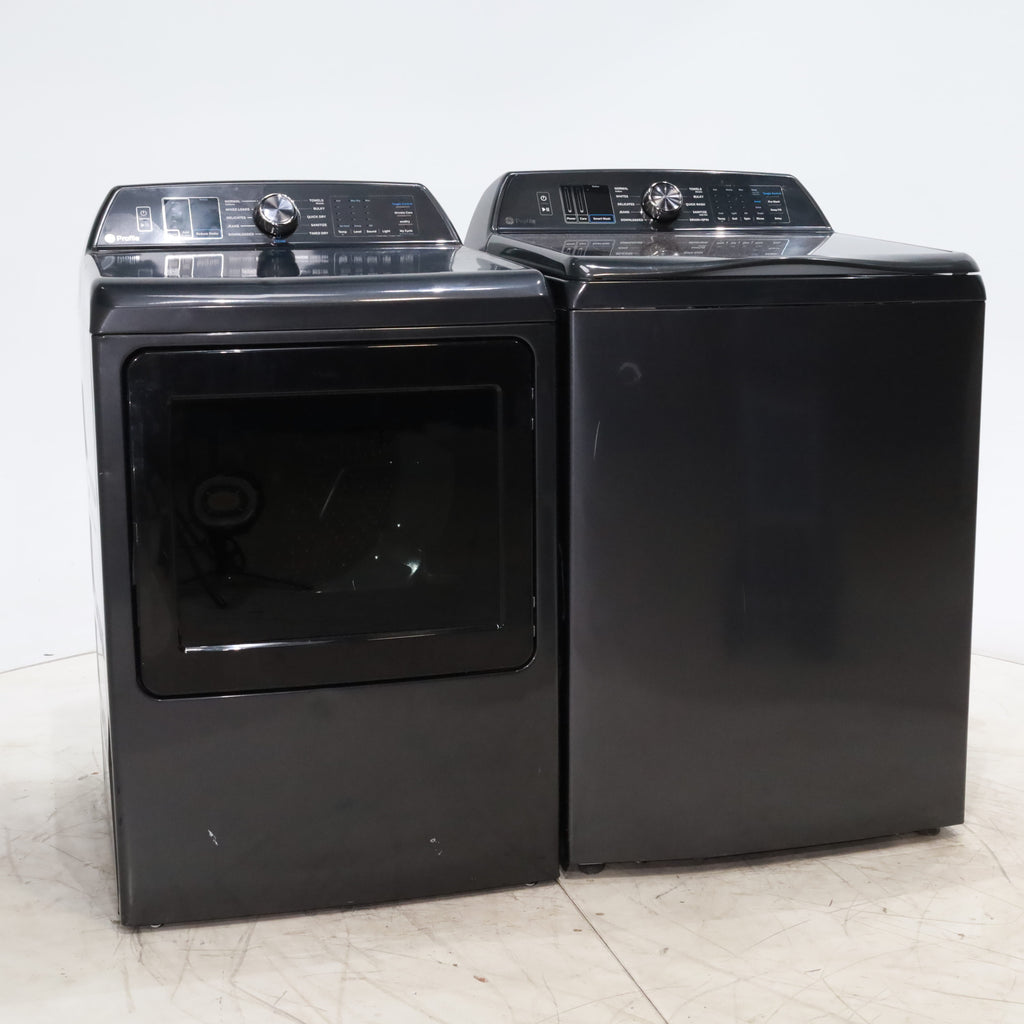 Pictures of Diamond Gray ENERGY STAR GE Profile 5.4 cu. ft. Top Load Washing Machine with FlexDispense and Diamond Gray ENERGY STAR GE Profile 7.4 cu. ft. Gas Dryer with Steam - Scratch & Dent - Moderate - Neu Appliance Outlet - Discount Appliance Outlet in Austin, Tx