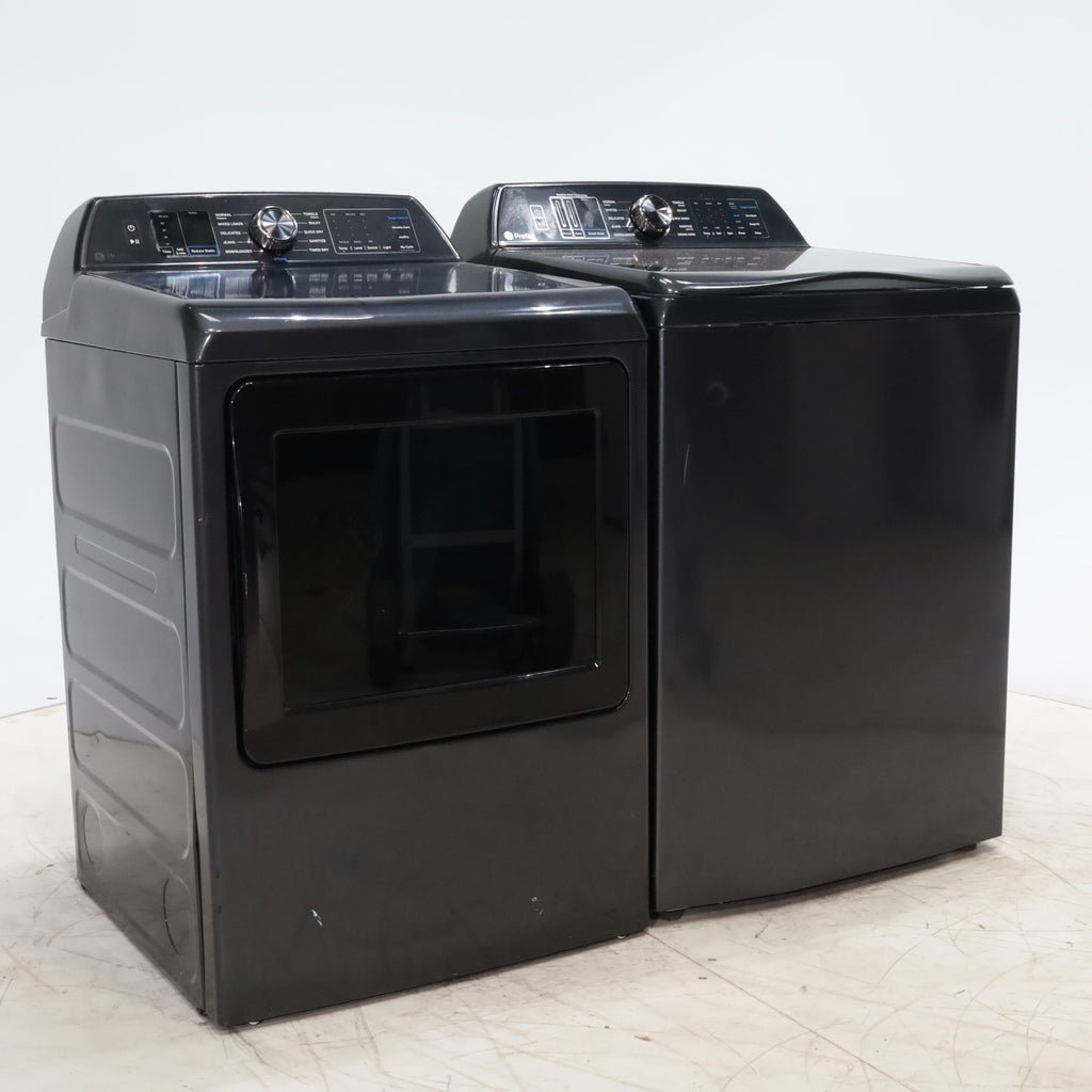 Pictures of Diamond Gray ENERGY STAR GE Profile 5.4 cu. ft. Top Load Washing Machine with FlexDispense and Diamond Gray ENERGY STAR GE Profile 7.4 cu. ft. Gas Dryer with Steam - Scratch & Dent - Moderate - Neu Appliance Outlet - Discount Appliance Outlet in Austin, Tx