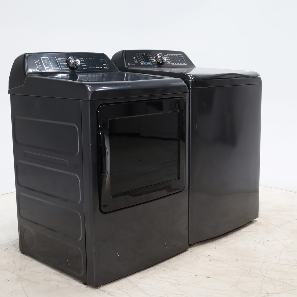 Pictures of Diamond Gray ENERGY STAR GE Profile 5.4 cu. ft. Top Load Washing Machine with FlexDispense and Diamond Gray ENERGY STAR GE Profile 7.4 cu. ft. Gas Dryer with Steam - Scratch & Dent - Moderate - Neu Appliance Outlet - Discount Appliance Outlet in Austin, Tx