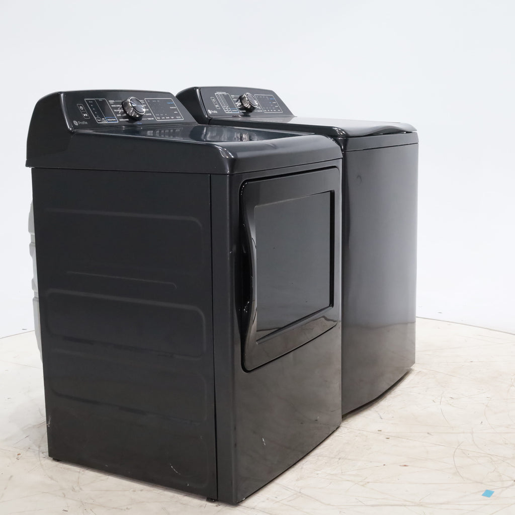 Pictures of Diamond Gray ENERGY STAR GE Profile 5.4 cu. ft. Top Load Washing Machine with FlexDispense and Diamond Gray ENERGY STAR GE Profile 7.4 cu. ft. Gas Dryer with Steam - Scratch & Dent - Moderate - Neu Appliance Outlet - Discount Appliance Outlet in Austin, Tx