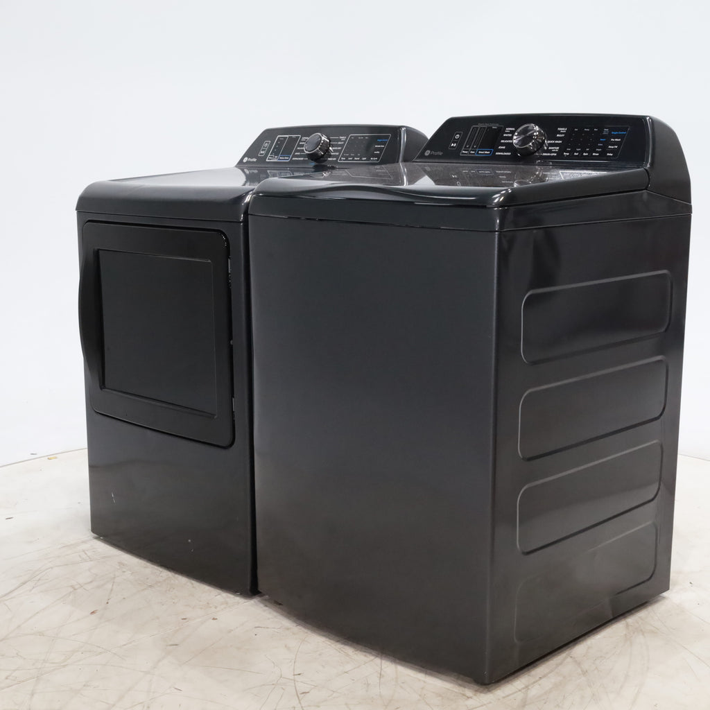 Pictures of Diamond Gray ENERGY STAR GE Profile 5.4 cu. ft. Top Load Washing Machine with FlexDispense and Diamond Gray ENERGY STAR GE Profile 7.4 cu. ft. Gas Dryer with Steam - Scratch & Dent - Moderate - Neu Appliance Outlet - Discount Appliance Outlet in Austin, Tx