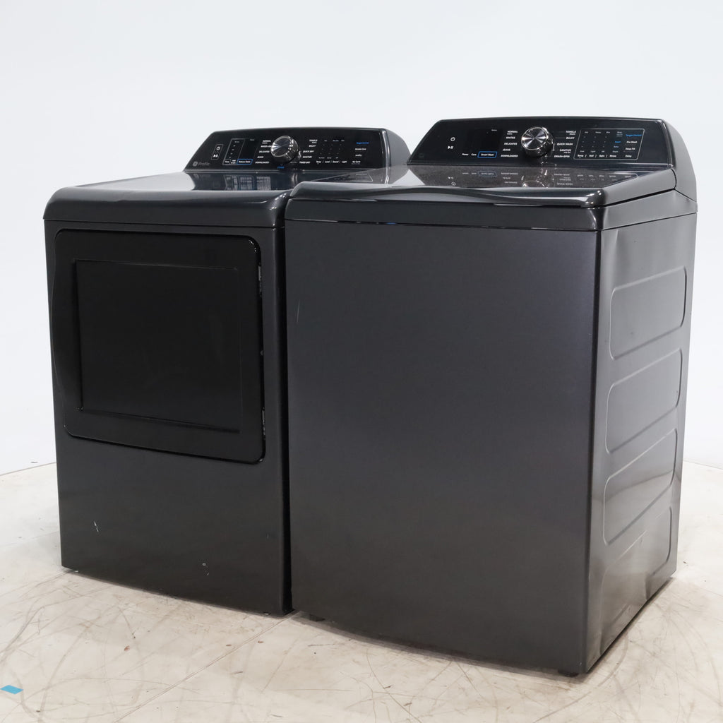 Pictures of Diamond Gray ENERGY STAR GE Profile 5.4 cu. ft. Top Load Washing Machine with FlexDispense and Diamond Gray ENERGY STAR GE Profile 7.4 cu. ft. Gas Dryer with Steam - Scratch & Dent - Moderate - Neu Appliance Outlet - Discount Appliance Outlet in Austin, Tx