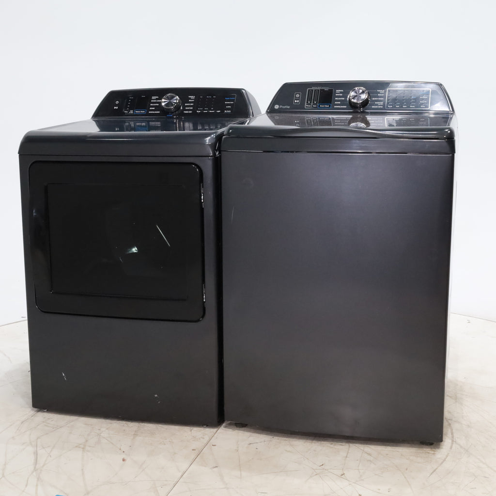 Pictures of Diamond Gray ENERGY STAR GE Profile 5.4 cu. ft. Top Load Washing Machine with FlexDispense and Diamond Gray ENERGY STAR GE Profile 7.4 cu. ft. Gas Dryer with Steam - Scratch & Dent - Moderate - Neu Appliance Outlet - Discount Appliance Outlet in Austin, Tx