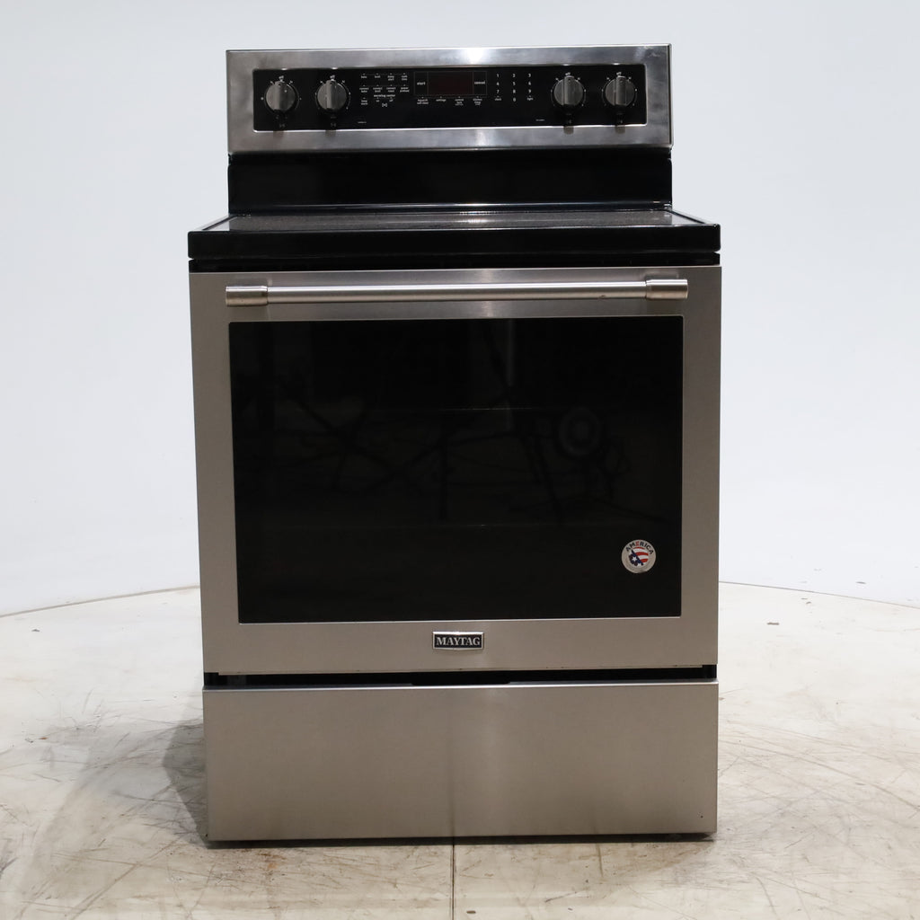 Pictures of Fingerprint-Resistant Stainless Steel Maytag 6.4 cu. ft. Freestanding 5 Heating Elements Smooth Cooktop Electric Range with Convection - Certified Refurbished - Neu Appliance Outlet - Discount Appliance Outlet in Austin, Tx