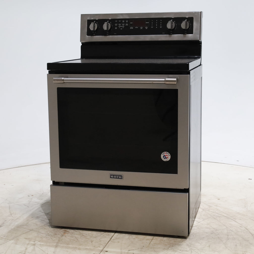 Pictures of Fingerprint-Resistant Stainless Steel Maytag 6.4 cu. ft. Freestanding 5 Heating Elements Smooth Cooktop Electric Range with Convection - Certified Refurbished - Neu Appliance Outlet - Discount Appliance Outlet in Austin, Tx