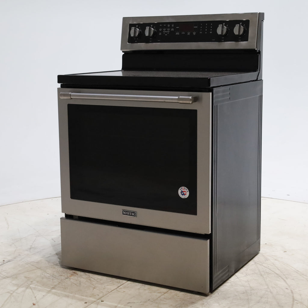 Pictures of Fingerprint-Resistant Stainless Steel Maytag 6.4 cu. ft. Freestanding 5 Heating Elements Smooth Cooktop Electric Range with Convection - Certified Refurbished - Neu Appliance Outlet - Discount Appliance Outlet in Austin, Tx