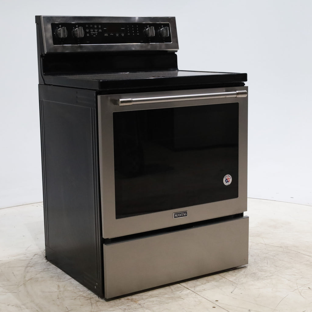 Pictures of Fingerprint-Resistant Stainless Steel Maytag 6.4 cu. ft. Freestanding 5 Heating Elements Smooth Cooktop Electric Range with Convection - Certified Refurbished - Neu Appliance Outlet - Discount Appliance Outlet in Austin, Tx