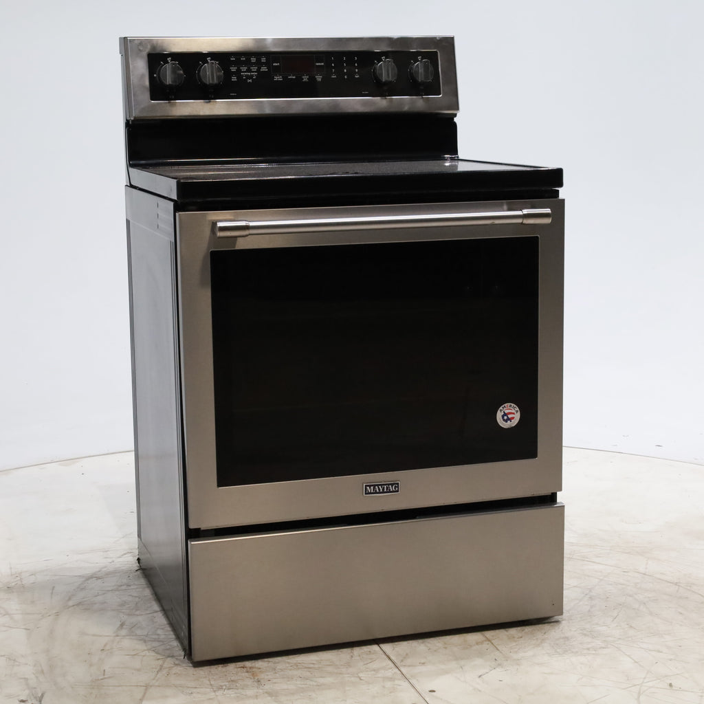 Pictures of Fingerprint-Resistant Stainless Steel Maytag 6.4 cu. ft. Freestanding 5 Heating Elements Smooth Cooktop Electric Range with Convection - Certified Refurbished - Neu Appliance Outlet - Discount Appliance Outlet in Austin, Tx