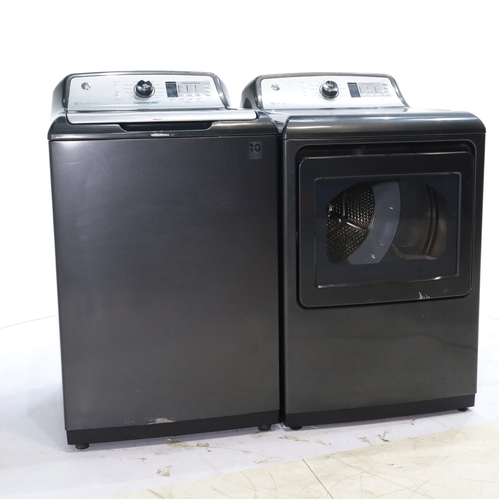 Pictures of Diamond Gray ENERGY STAR GE 5.0 cu. ft. Top Load Washing Machine with Water Station and ENERGY STAR GE 7.4 cu. ft. Steam Electric Dryer with My Cycle - Certified Refurbished - Neu Appliance Outlet - Discount Appliance Outlet in Austin, Tx