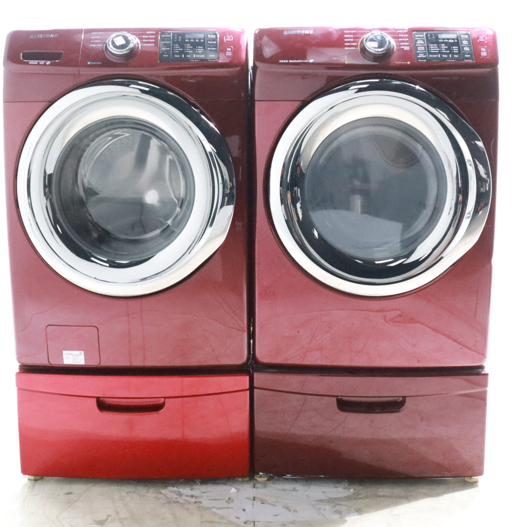 Pictures of Merlot Samsung Frontload ENERGY STAR 4.2 cu ft Washer on Pedestals with Steam Wash and Merlot Samsung Frontload Electric Dryer on Pedestals - Certified Refurbished - Neu Appliance Outlet - Discount Appliance Outlet in Austin, Tx