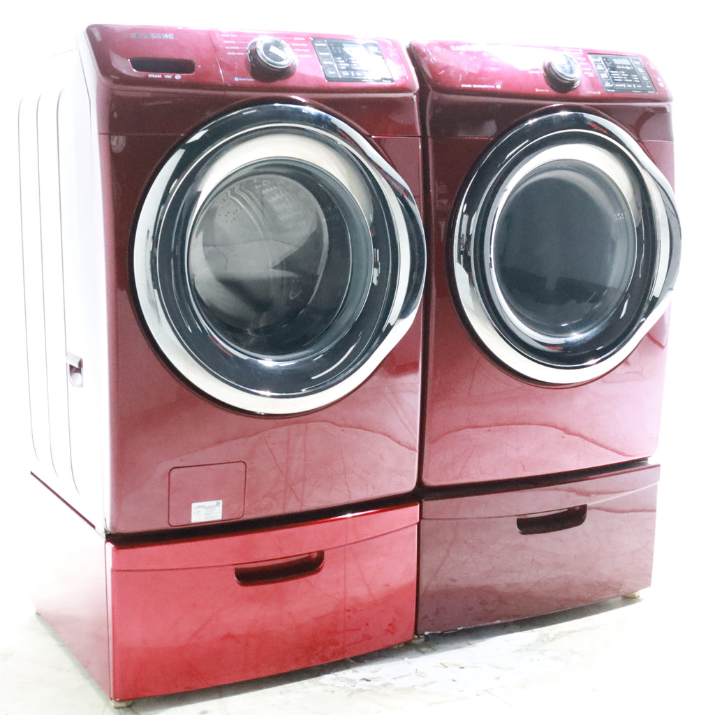 Pictures of Merlot Samsung Frontload ENERGY STAR 4.2 cu ft Washer on Pedestals with Steam Wash and Merlot Samsung Frontload Electric Dryer on Pedestals - Certified Refurbished - Neu Appliance Outlet - Discount Appliance Outlet in Austin, Tx