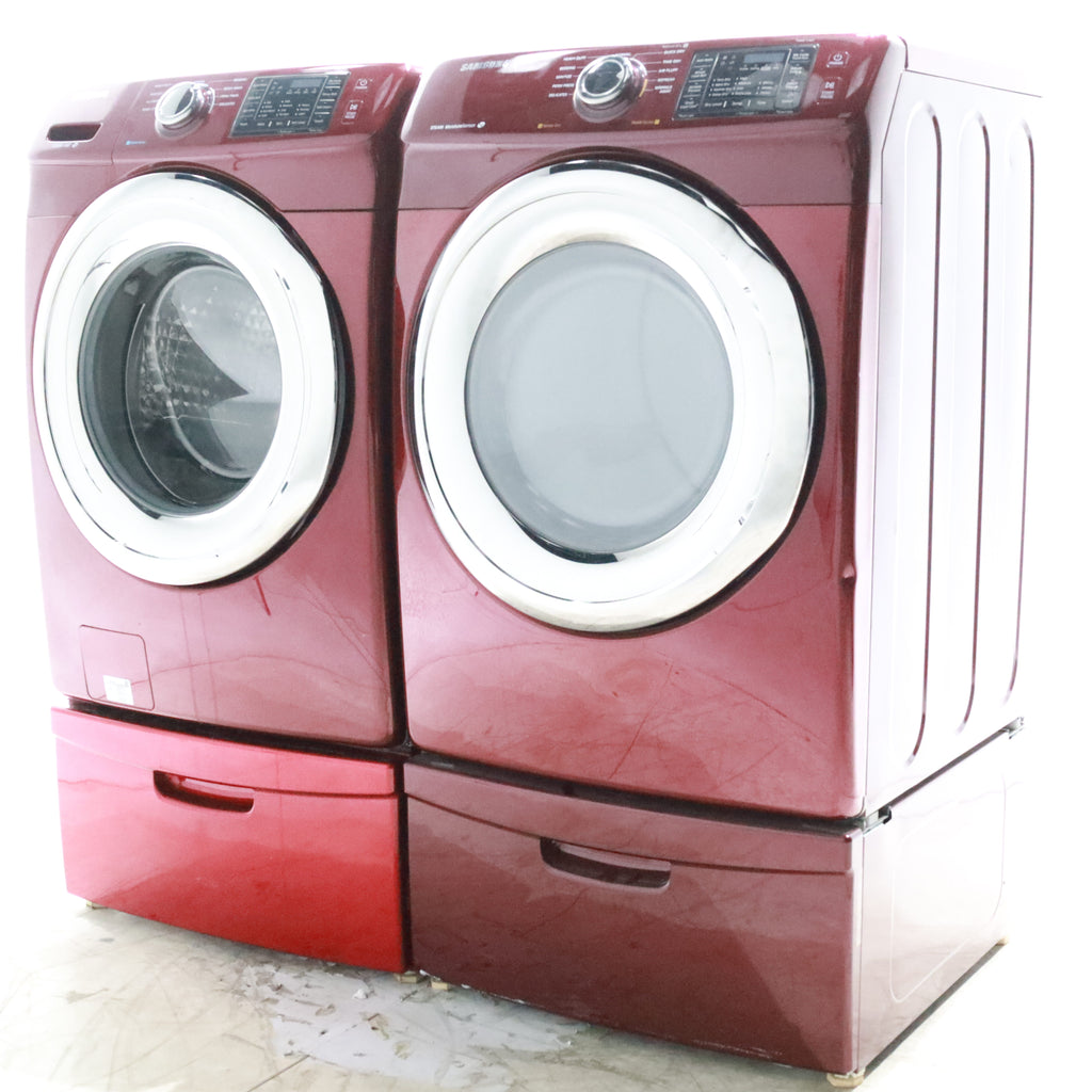Pictures of Merlot Samsung Frontload ENERGY STAR 4.2 cu ft Washer on Pedestals with Steam Wash and Merlot Samsung Frontload Electric Dryer on Pedestals - Certified Refurbished - Neu Appliance Outlet - Discount Appliance Outlet in Austin, Tx