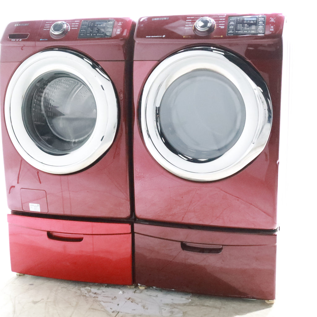Pictures of Merlot Samsung Frontload ENERGY STAR 4.2 cu ft Washer on Pedestals with Steam Wash and Merlot Samsung Frontload Electric Dryer on Pedestals - Certified Refurbished - Neu Appliance Outlet - Discount Appliance Outlet in Austin, Tx