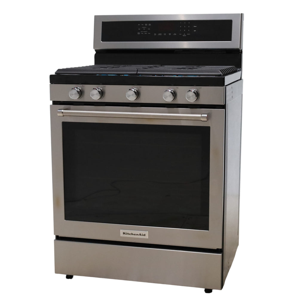 Pictures of Stainless Steel with Printshield Finish KitchenAid 30-in 5 Burners 5.8-cu ft Self-cleaning Convection Oven Freestanding Natural Gas Range - Open Box - Neu Appliance Outlet - Discount Appliance Outlet in Austin, Tx