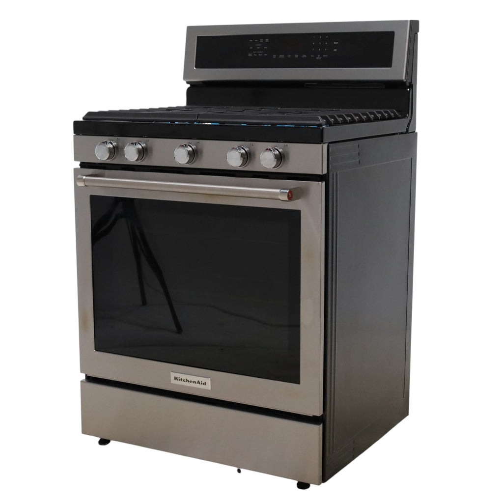 Pictures of Stainless Steel with Printshield Finish KitchenAid 30-in 5 Burners 5.8-cu ft Self-cleaning Convection Oven Freestanding Natural Gas Range - Open Box - Neu Appliance Outlet - Discount Appliance Outlet in Austin, Tx
