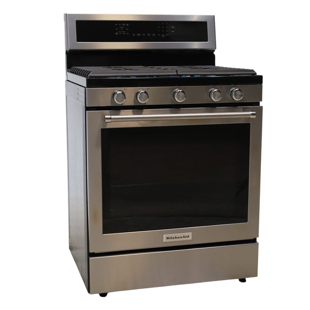 Stainless Steel with Printshield Finish KitchenAid 30-in 5 Burners 5.8-cu ft Self-cleaning Convection Oven Freestanding Natural Gas Range - Open Box