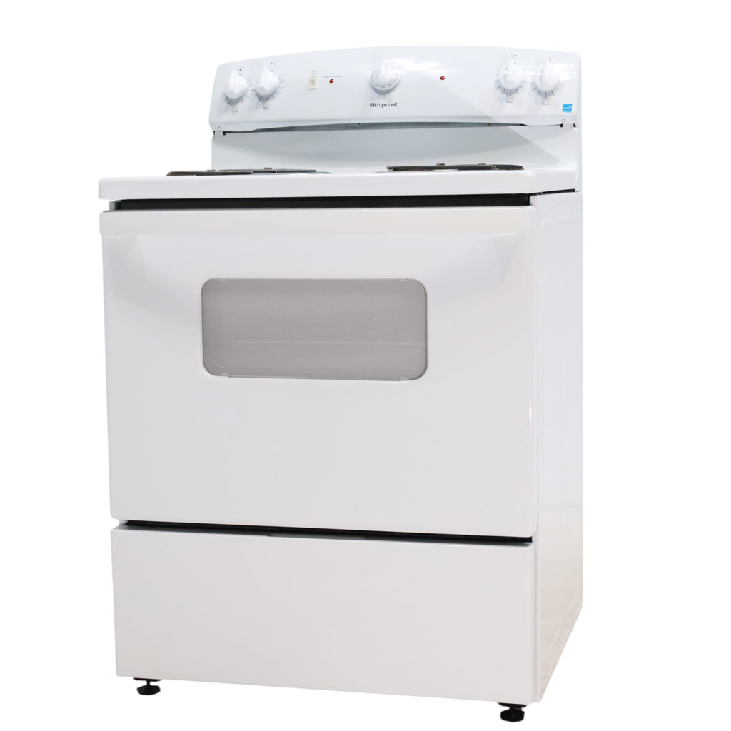 Pictures of Hotpoint White 30-in 4 Burners 5-cu ft Freestanding Electric Range with Sensi Temp Technology - Open Box - Neu Appliance Outlet - Discount Appliance Outlet in Austin, Tx