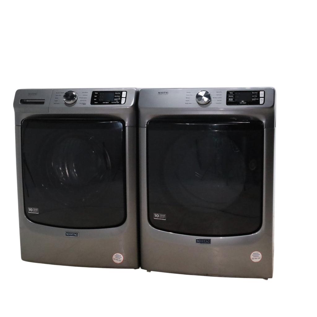 Maytag Metallic Slate 4.5-cu ft High Efficiency ENERGY STAR Stackable Steam Cycle Front-Load Washer with Maytag® Commercial Technology and Maytag 7.3-cu ft Stackable Vented ENERGY STAR Electric Dryer -  Scratch & Dent - Minor