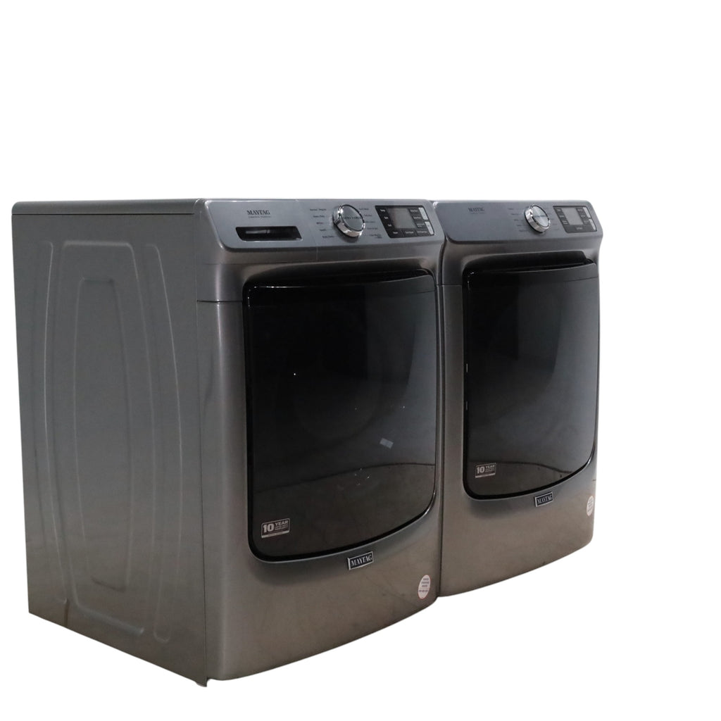 Maytag Metallic Slate 4.5-cu ft High Efficiency ENERGY STAR Stackable Steam Cycle Front-Load Washer with Maytag® Commercial Technology and Maytag 7.3-cu ft Stackable Vented ENERGY STAR Electric Dryer -  Scratch & Dent - Minor