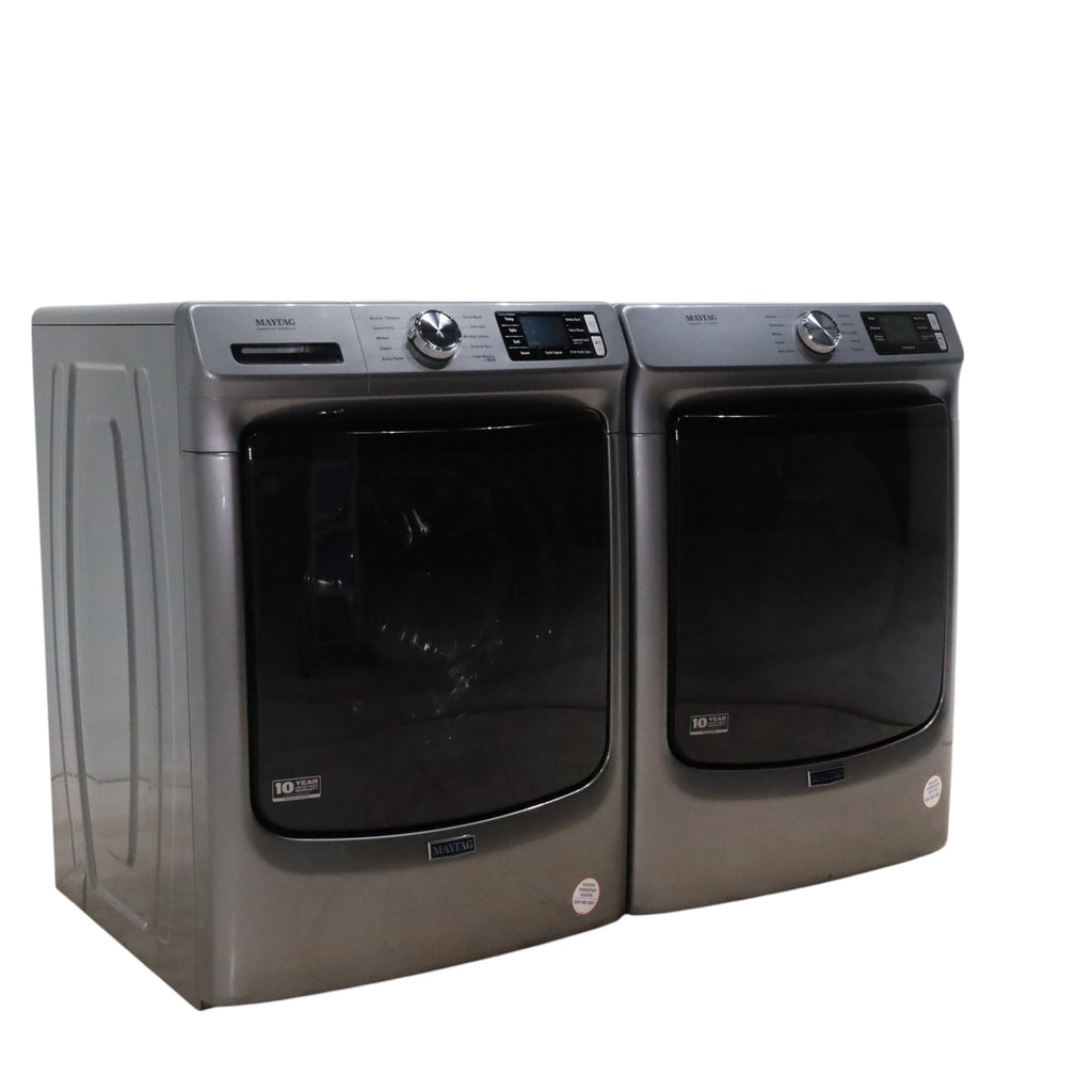 Pictures of Maytag Metallic Slate 4.5-cu ft High Efficiency ENERGY STAR Stackable Steam Cycle Front-Load Washer with Maytag® Commercial Technology and Maytag 7.3-cu ft Stackable Vented ENERGY STAR Electric Dryer - Scratch & Dent - Minor - Neu Appliance Outlet - Discount Appliance Outlet in Austin, Tx
