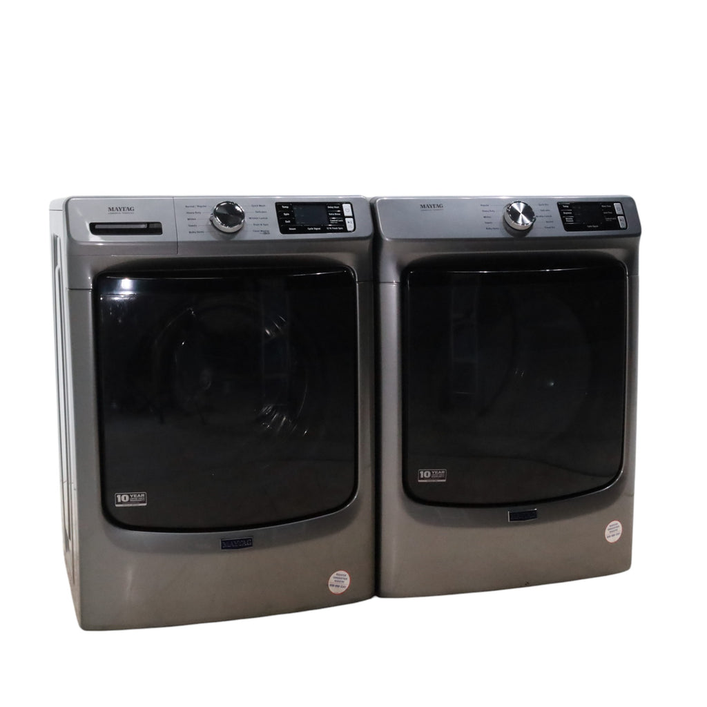 Maytag Metallic Slate 4.5-cu ft High Efficiency ENERGY STAR Stackable Steam Cycle Front-Load Washer with Maytag® Commercial Technology and Maytag 7.3-cu ft Stackable Vented ENERGY STAR Electric Dryer -  Scratch & Dent - Minor