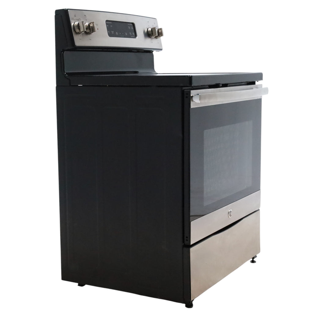 Stainless Steel GE 5.3 cu. ft. Freestanding 4 Heating Element Smooth Cooktop Electric Range with Dual Element Baking - Certified Refurbished