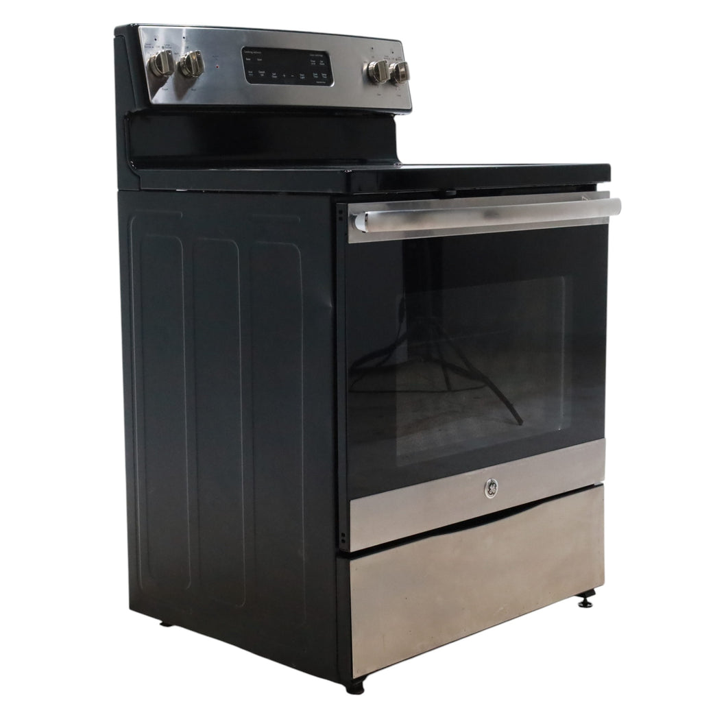 Stainless Steel GE 5.3 cu. ft. Freestanding 4 Heating Element Smooth Cooktop Electric Range with Dual Element Baking - Certified Refurbished
