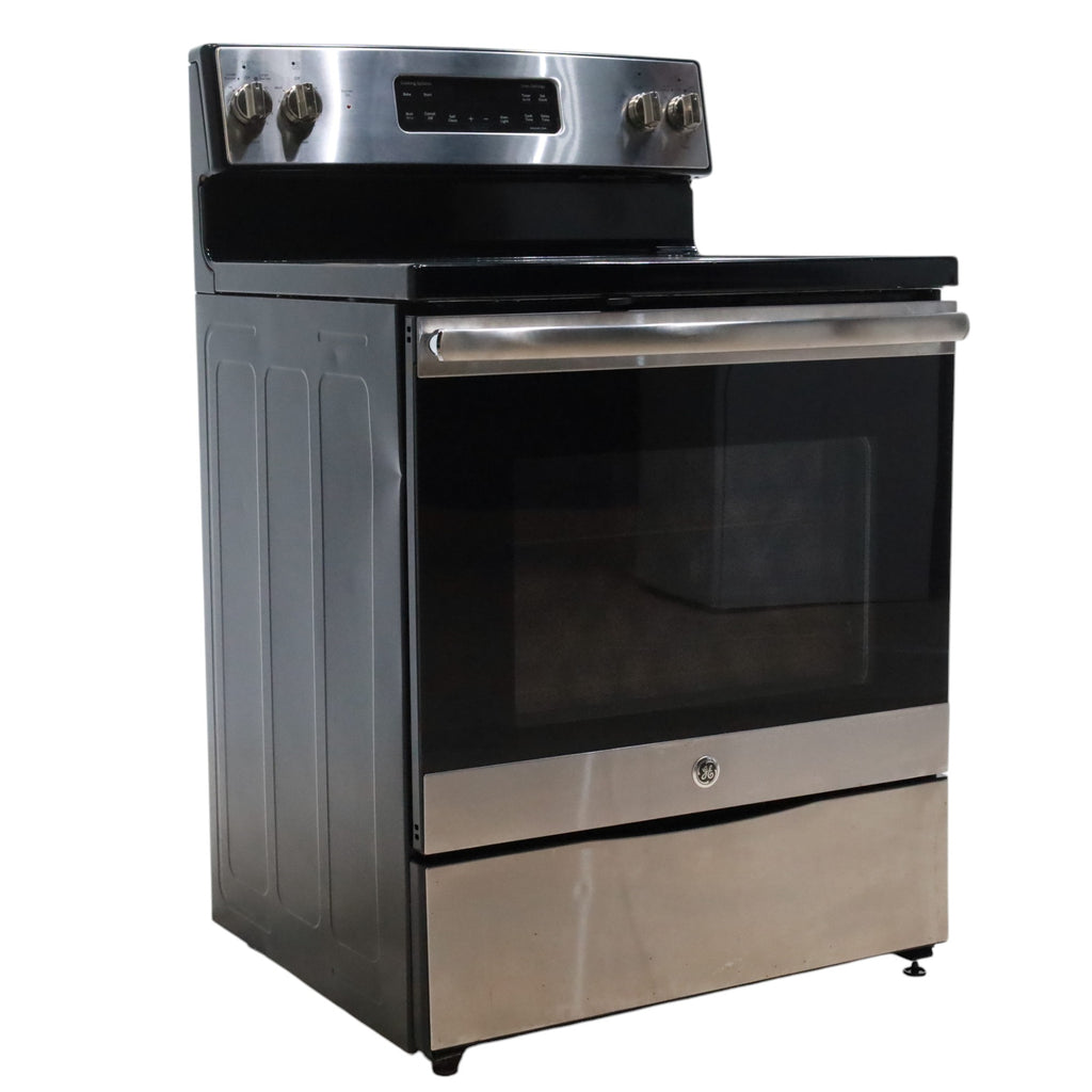 Stainless Steel GE 5.3 cu. ft. Freestanding 4 Heating Element Smooth Cooktop Electric Range with Dual Element Baking - Certified Refurbished