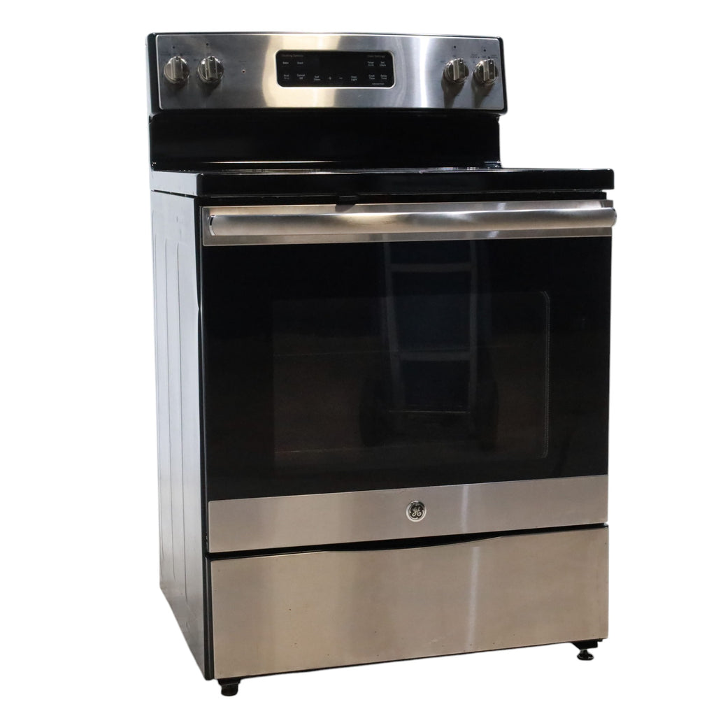 Stainless Steel GE 5.3 cu. ft. Freestanding 4 Heating Element Smooth Cooktop Electric Range with Dual Element Baking - Certified Refurbished