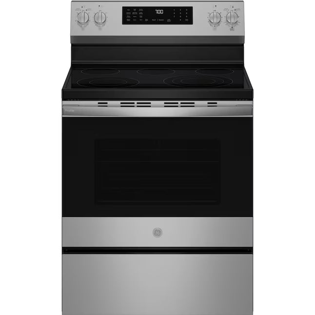 GE Profile EasyWash Oven Tray 30-in Glass Top 5 burners 5.3-cu ft Air Fry Convection Oven Freestanding Electric Range with WipeClean Coating in Fingerprint Resistant Stainless Steel PRF700AYFS - Open Box