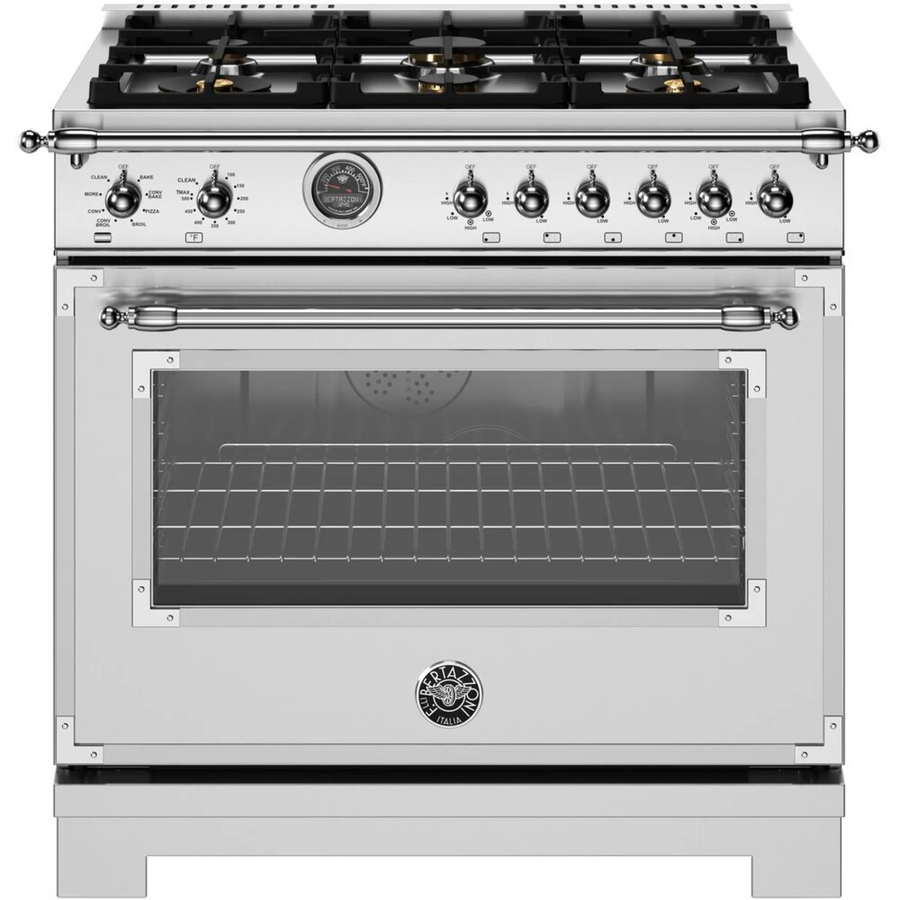 Bertazzoni 36 Inch Freestanding Dual Fuel Range with 6 Sealed Burners, 5.7 cu. ft. Capacity, Continuous Grates, Self-Cleaning, and 19000 BTU Power Burner HER366BCFEPXT - Open Box