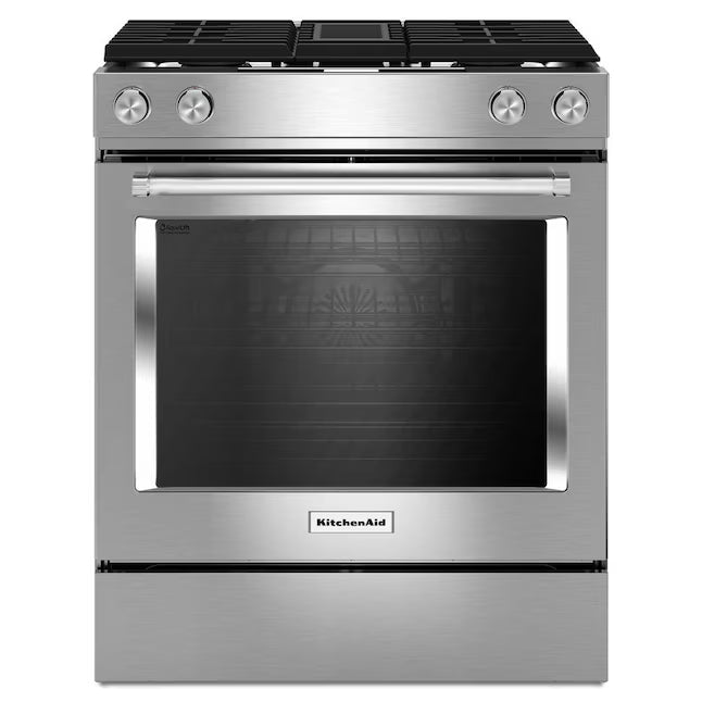 KitchenAid 4 Burners Convection Oven with Downdraft Exhaust Slide-In Dual Fuel Range in Stainless Steel KSDG950ESS - Scratch & Dent (Minor)